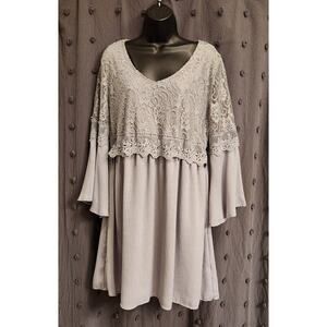 ZANZEA Mini Swing Dress Womens XL Dove Gray Floral Lace Bell Sleeve Event Formal